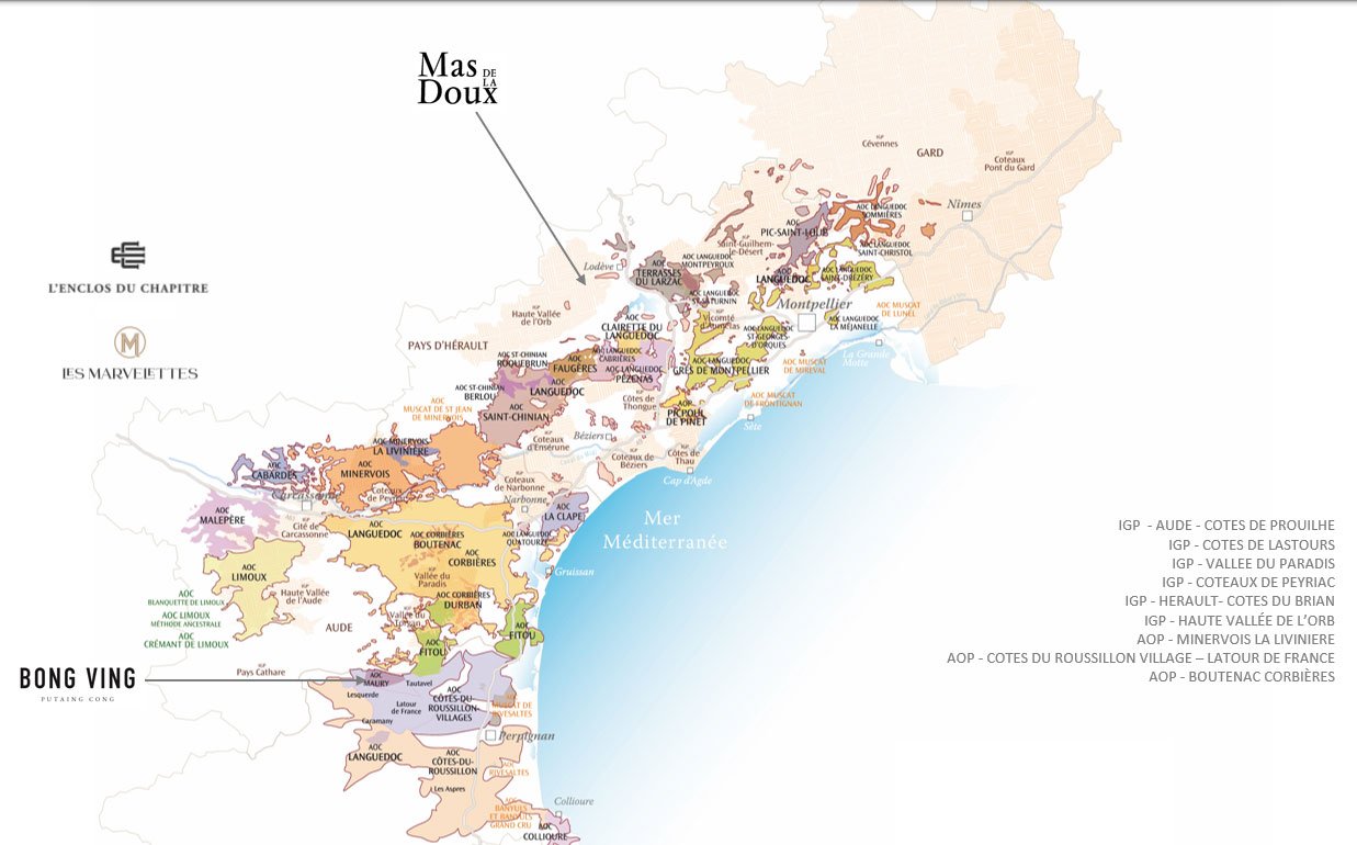 Carte des appellations du Languedoc-Roussillon